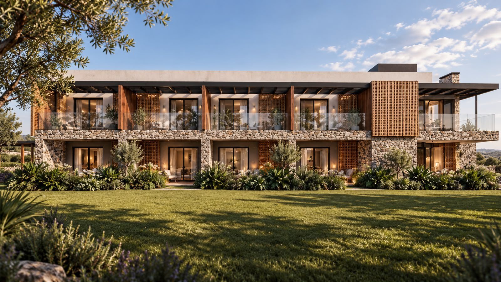 Residencial CasaSul com fachada em pedra e madeira